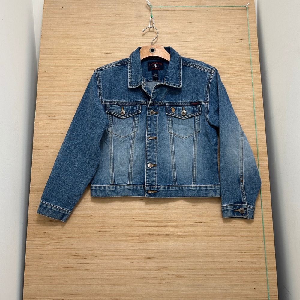US Polo Assn Jeans Co Denim Trucker Jacket Blue American Flag Patch Mens Large